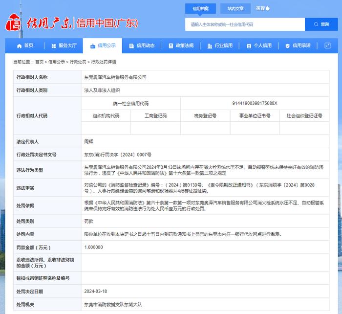 关于对东莞奥泽汽车销售服务有限公司行政处罚信息公示