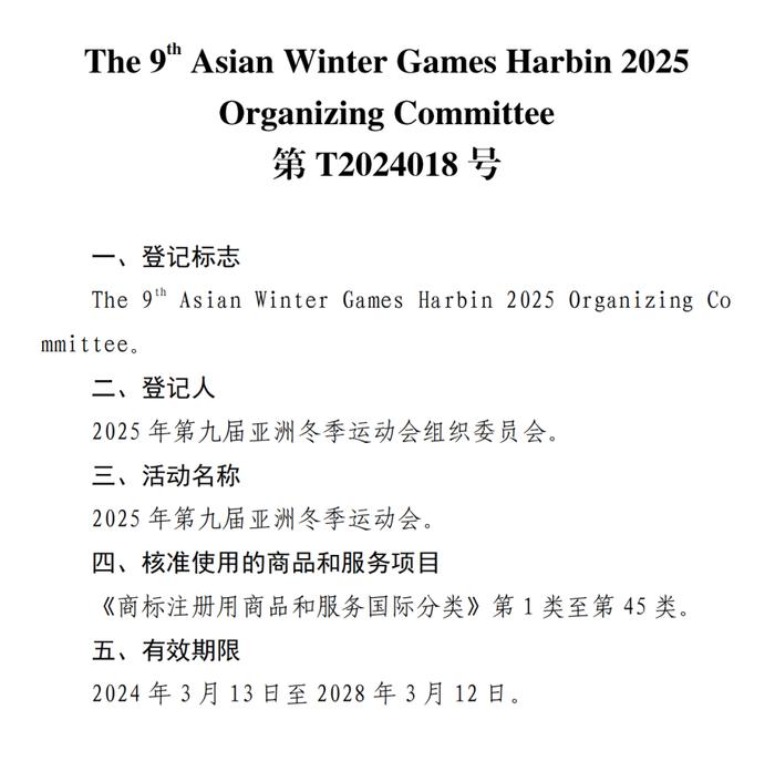 关于核准“2025年第九届亚洲冬季运动会会徽”等14件特殊标志登记的公告