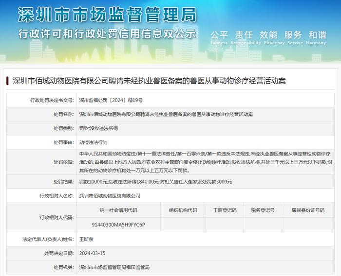 深圳市佰城动物医院有限公司聘请未经执业兽医备案的兽医从事动物诊疗经营活动案