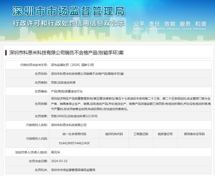 深圳市科思米科技有限公司销售不合格产品(智能手环)案