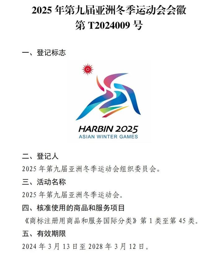 关于核准“2025年第九届亚洲冬季运动会会徽”等14件特殊标志登记的公告