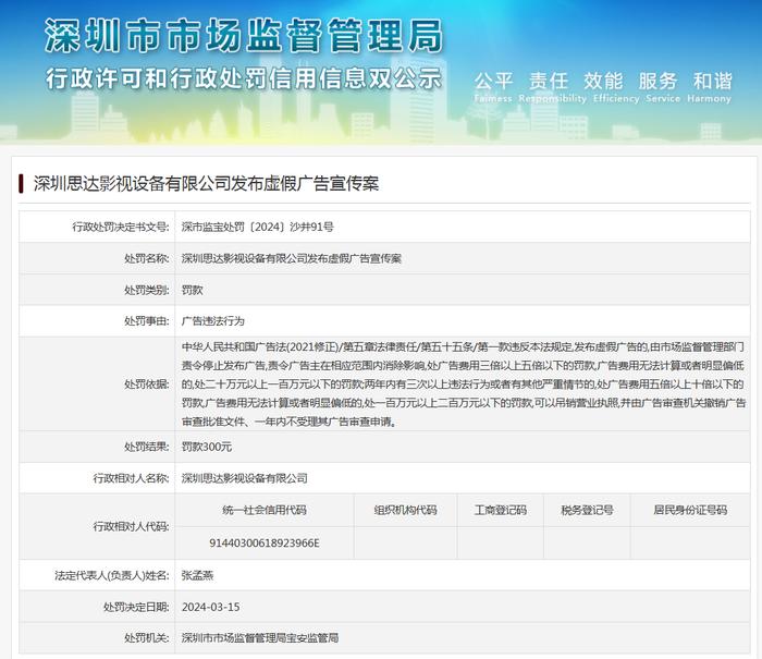 深圳思达影视设备有限公司发布虚假广告宣传案