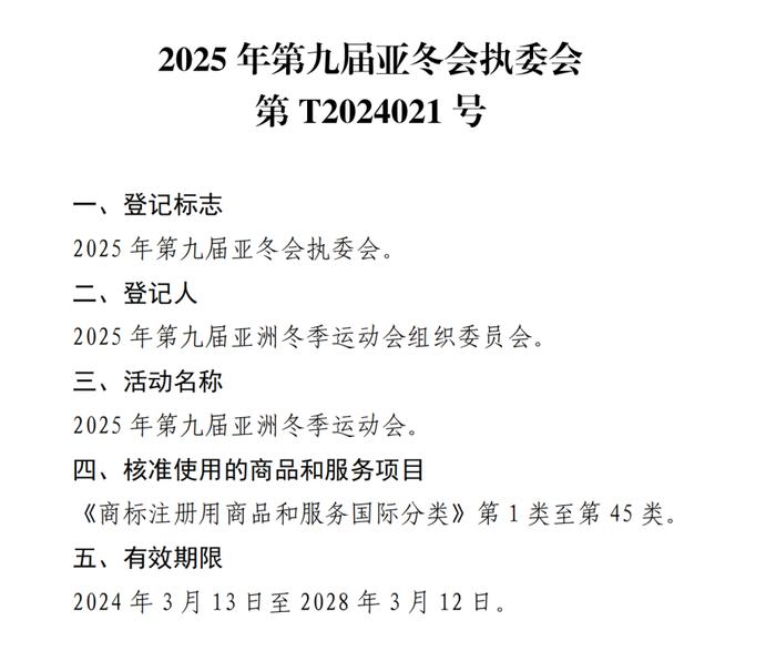 关于核准“2025年第九届亚洲冬季运动会会徽”等14件特殊标志登记的公告