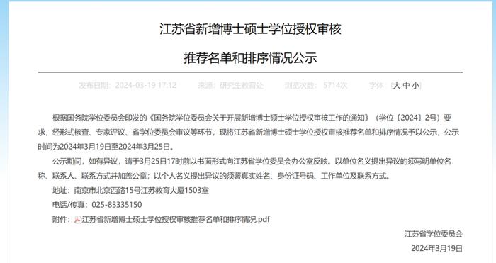 江苏省公布新增博士硕士学位授权审核推荐名单和排序情况