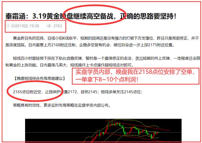 秦霜涵：3.20黄金公开空单继续拿利！正确的思路点位决定利润与否！