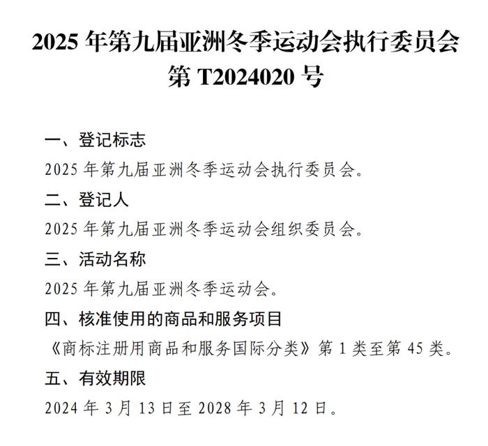 关于核准“2025年第九届亚洲冬季运动会会徽”等14件特殊标志登记的公告