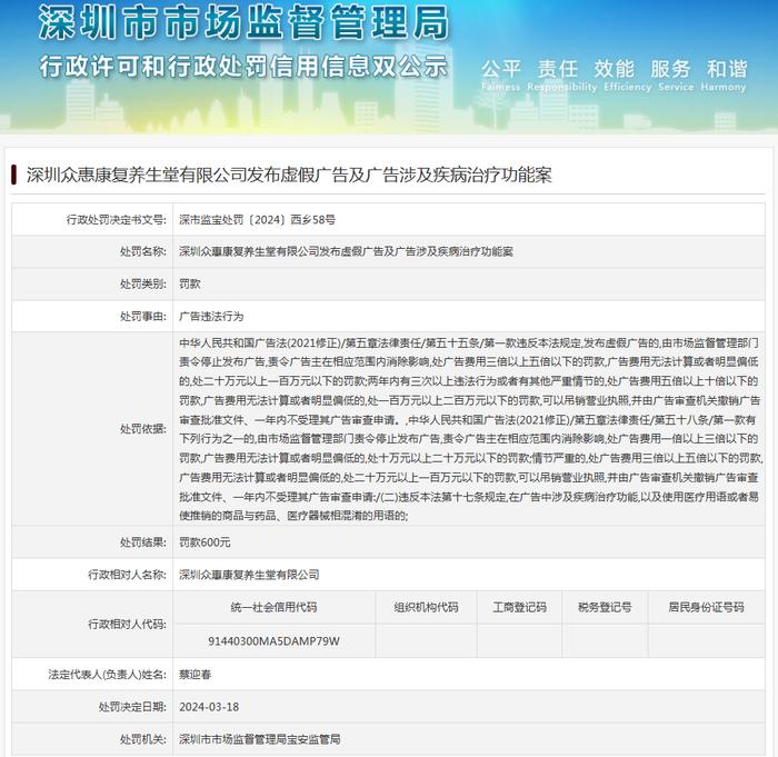 深圳众惠康复养生堂有限公司发布虚假广告及广告涉及疾病治疗功能案