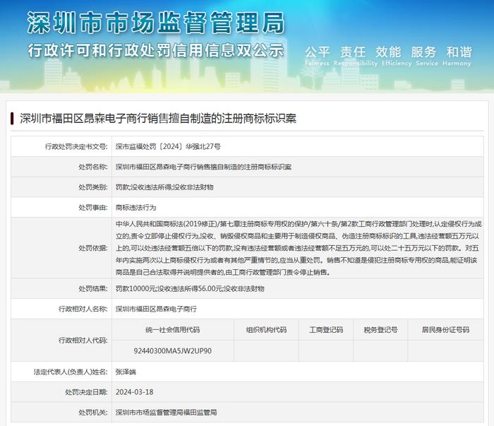 深圳市福田区昂森电子商行销售擅自制造的注册商标标识案