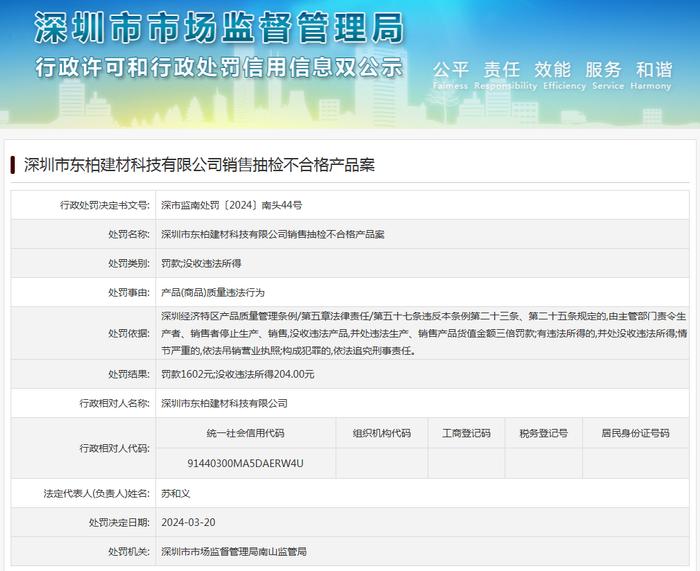 深圳市东柏建材科技有限公司销售抽检不合格产品案