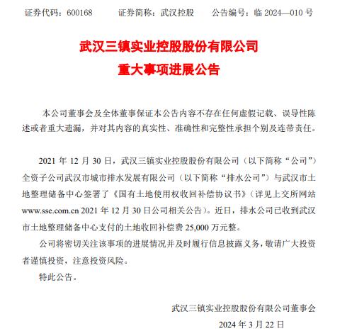 ​武汉控股子公司已收到土地收回补偿费25000万元