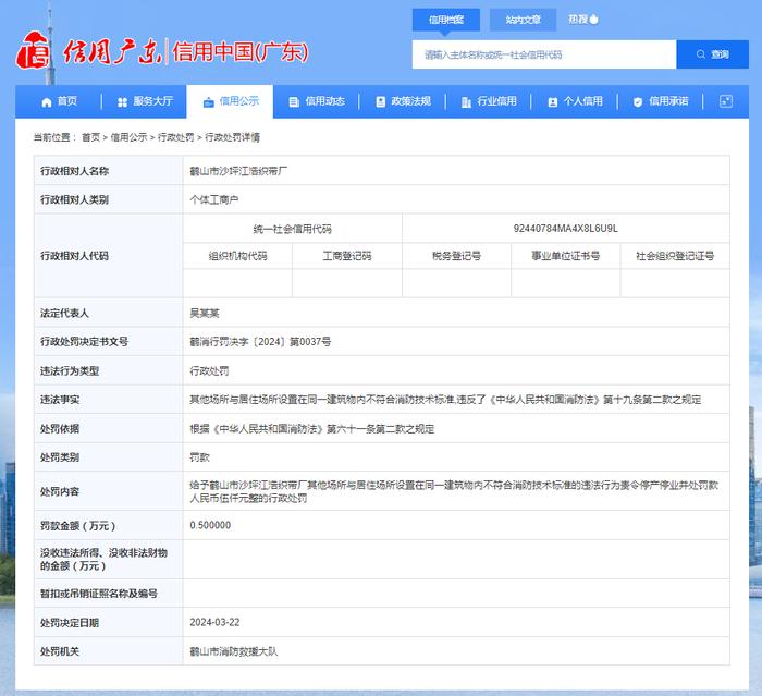 关于对鹤山市沙坪江浩织带厂行政处罚信息公示