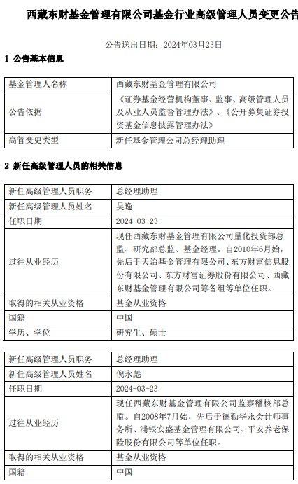 吴逸与倪永彪任西藏东财基金总经理助理