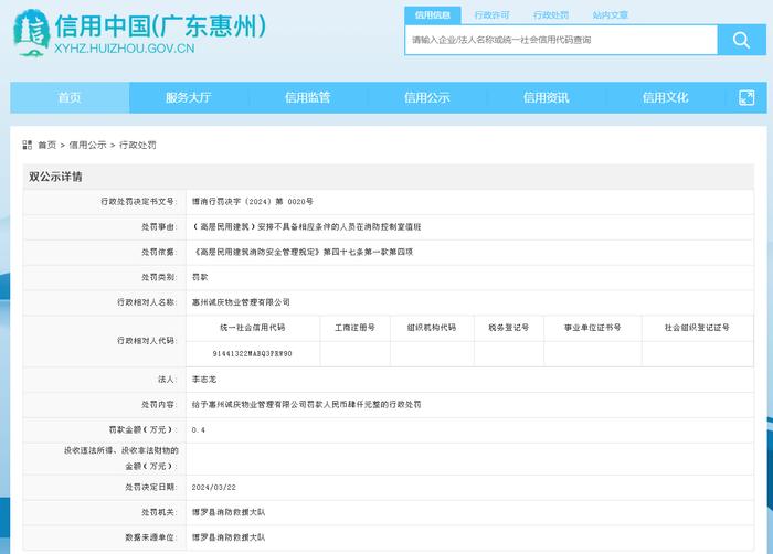 惠州诚庆物业管理有限公司被罚款4000元