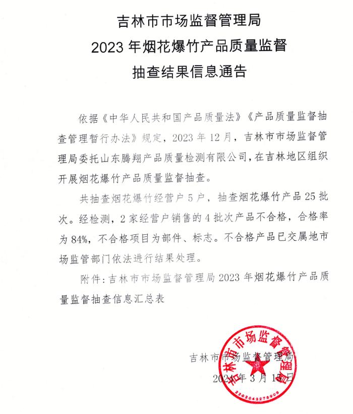 吉林省吉林市市场监督管理局2023年烟花爆竹产品质量监督抽查结果信息通告