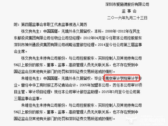 爱施德前后公告信息不一致？监事会主席朱维佳究竟毕业哪个院校？