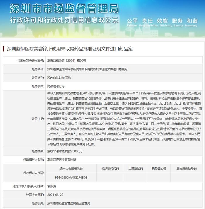 深圳蔻伊医疗美容诊所使用未取得药品批准证明文件进口药品案