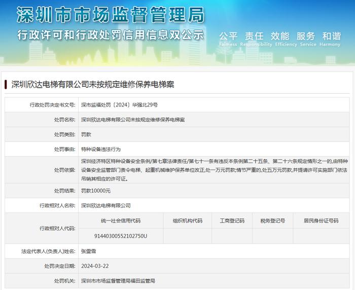 深圳欣达电梯有限公司未按规定维修保养电梯案