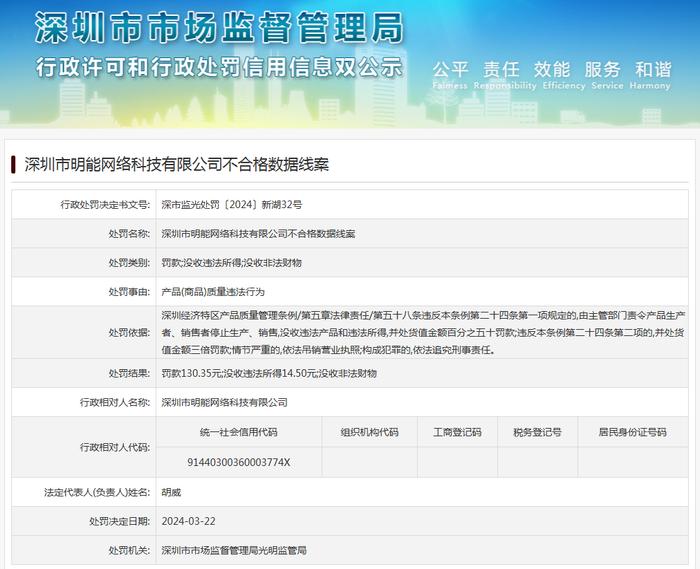 深圳市明能网络科技有限公司不合格数据线案