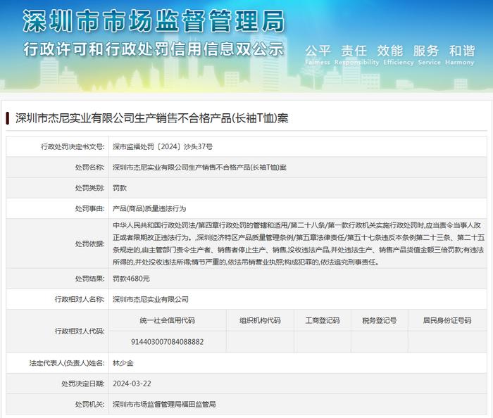 深圳市杰尼实业有限公司生产销售不合格产品(长袖T恤)案