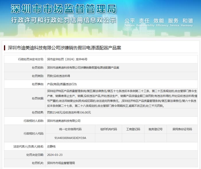 深圳市迪美迪科技有限公司涉嫌销售假冒电源适配器产品案