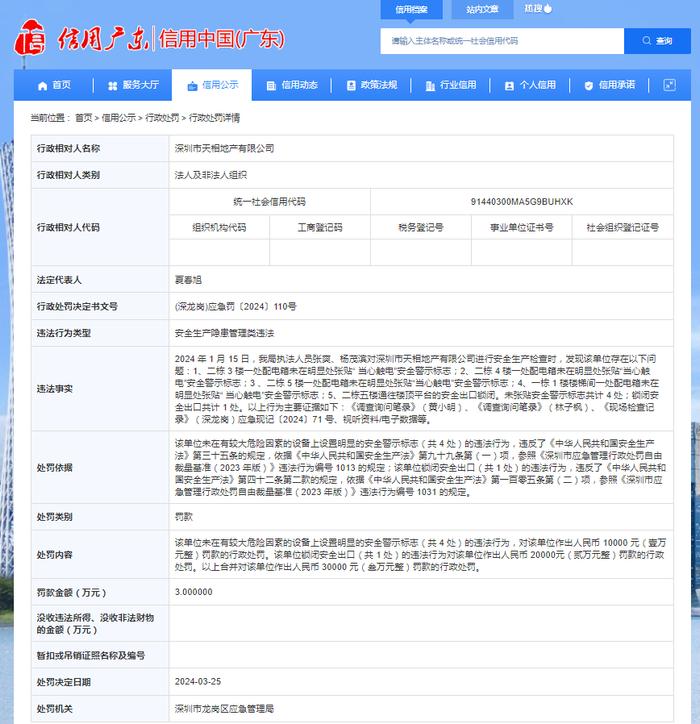 深圳市龙岗区应急管理局对深圳市天相地产有限公司作出行政处罚