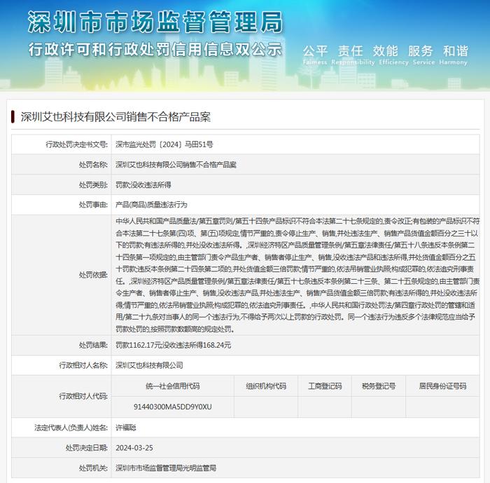 深圳艾也科技有限公司销售不合格产品案