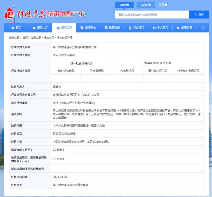 关于对佛山市顺德区研匠照明科技有限公司行政处罚信息公示