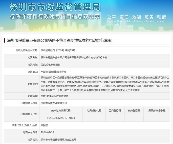 深圳市程盛车业有限公司销售不符合强制性标准的电动自行车案
