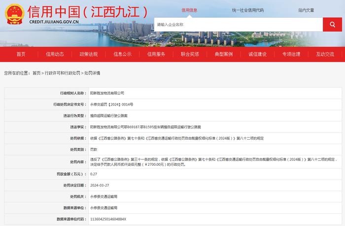 关于对阳新胜发物流有限公司行政处罚信息公示