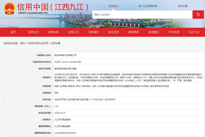 关于对高安市瑞凯汽运有限公司行政处罚信息公示