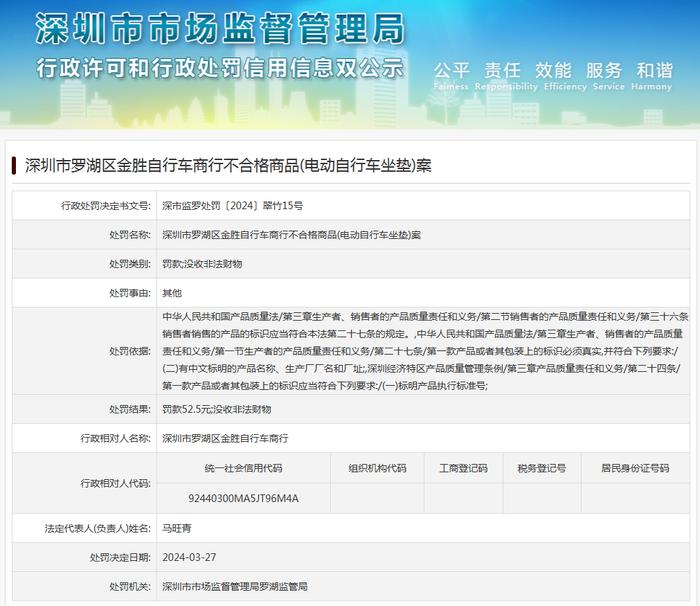 深圳市罗湖区金胜自行车商行不合格商品(电动自行车坐垫)案