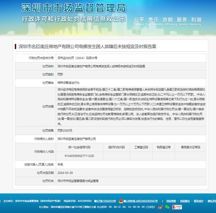 ​深圳市名巨南庄房地产有限公司电梯发生困人故障未按规定及时报告被罚
