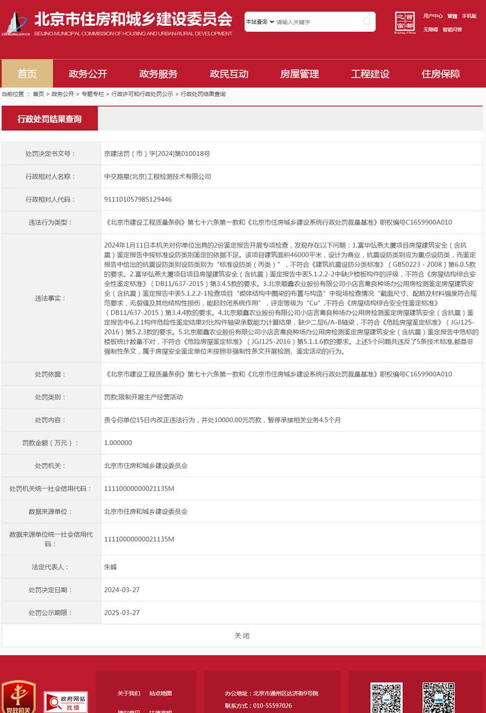 中交路星(北京)工程检测技术有限公司被罚款并限制开展生产经营活动