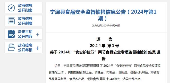 山东省宁津县食品安全监督抽检信息公告（2024年第1期）