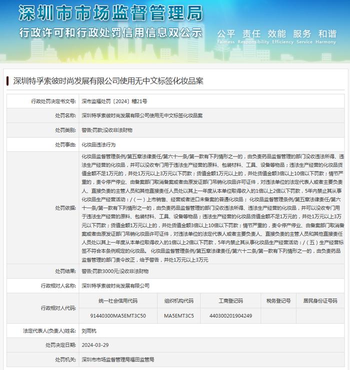 深圳特孚索彼时尚发展有限公司使用无中文标签化妆品案