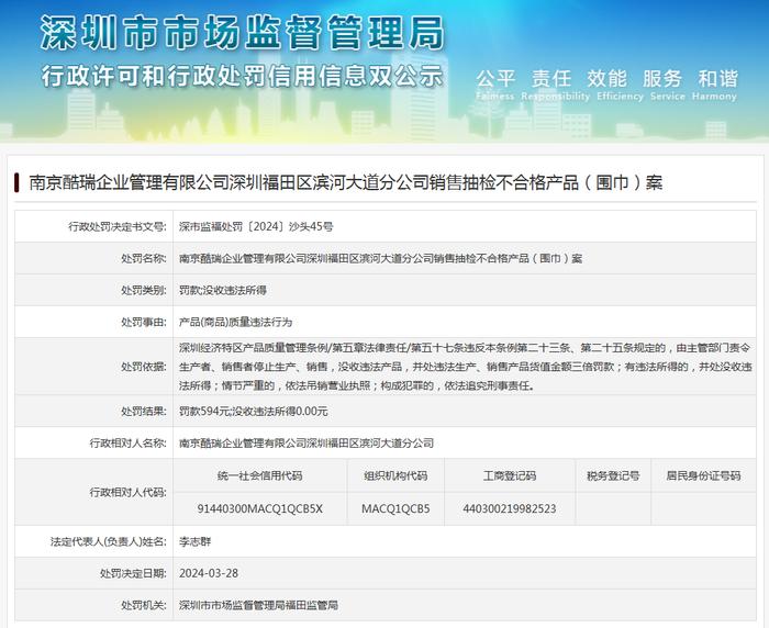 南京酷瑞企业管理有限公司深圳福田区滨河大道分公司销售抽检不合格产品（围巾）案