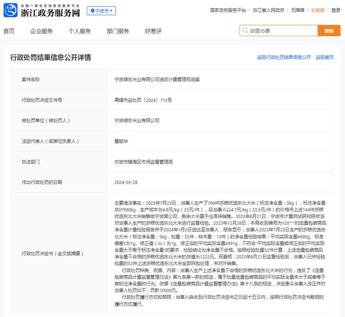 宁波绿农米业有限公司违反计量管理规定案