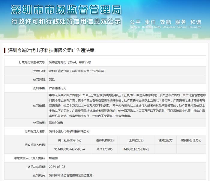 深圳今诚时代电子科技有限公司广告违法案
