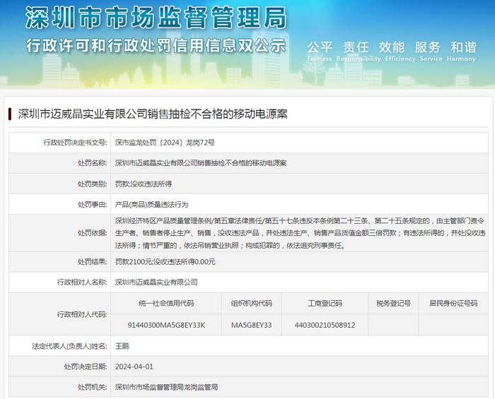 深圳市迈威晶实业有限公司销售抽检不合格的移动电源案