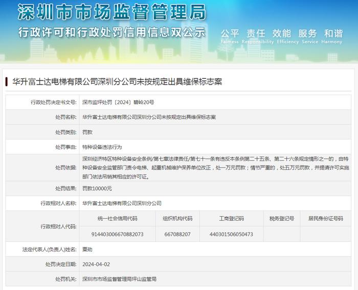 华升富士达电梯有限公司深圳分公司未按规定出具维保标志案