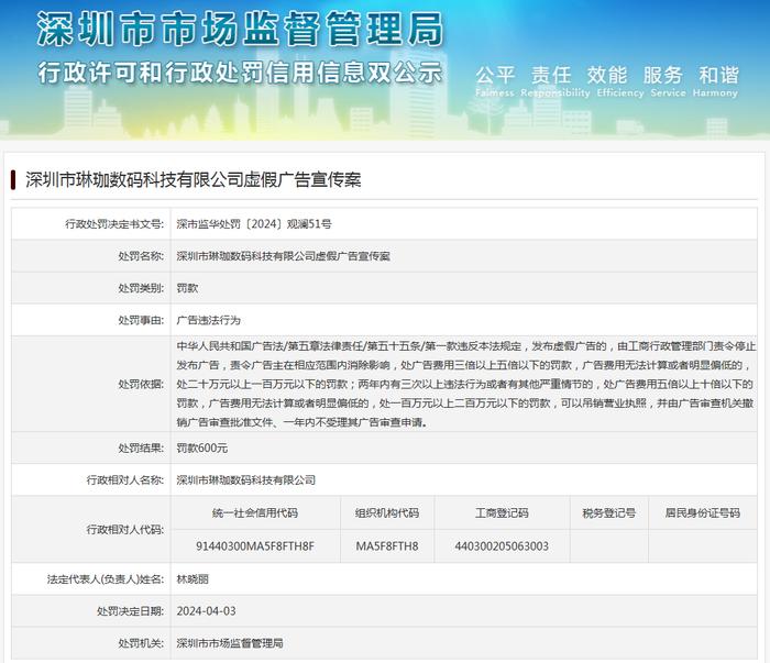 深圳市琳珈数码科技有限公司虚假广告宣传案