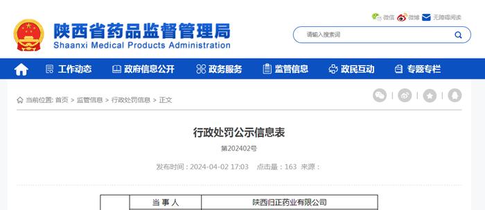 陕西省药品监督管理局行政处罚公示信息表（第202402号）