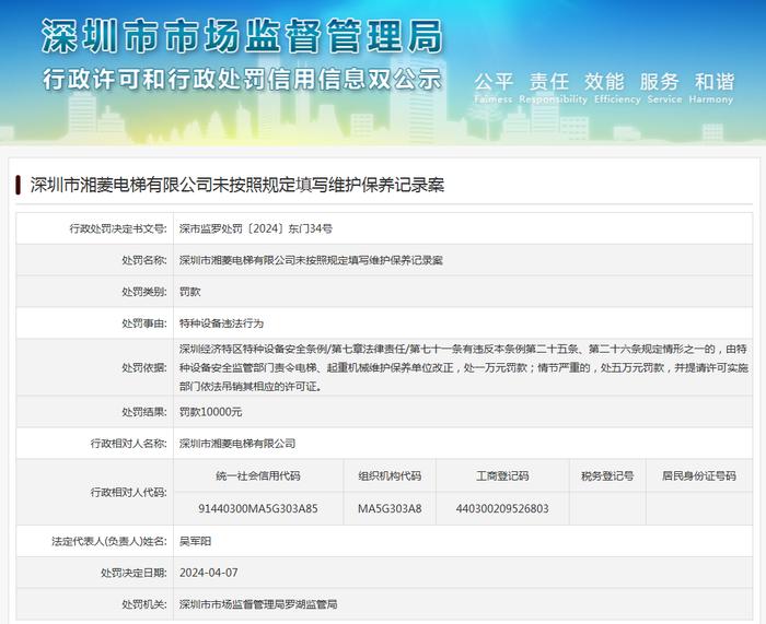 深圳市湘菱电梯有限公司未按照规定填写维护保养记录案