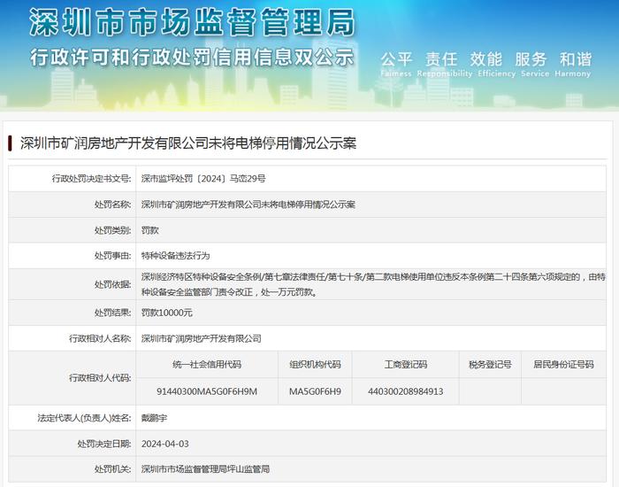深圳市矿润房地产开发有限公司未将电梯停用情况公示案