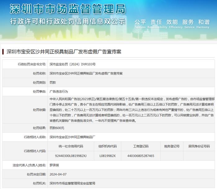 深圳市宝安区沙井同正模具制品厂发布虚假广告宣传案
