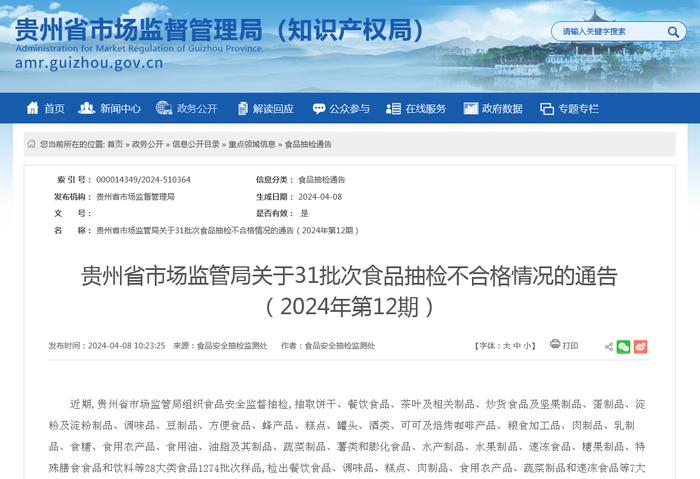 ​贵州省市场监管局关于31批次食品抽检不合格情况的通告（2024年第12期）