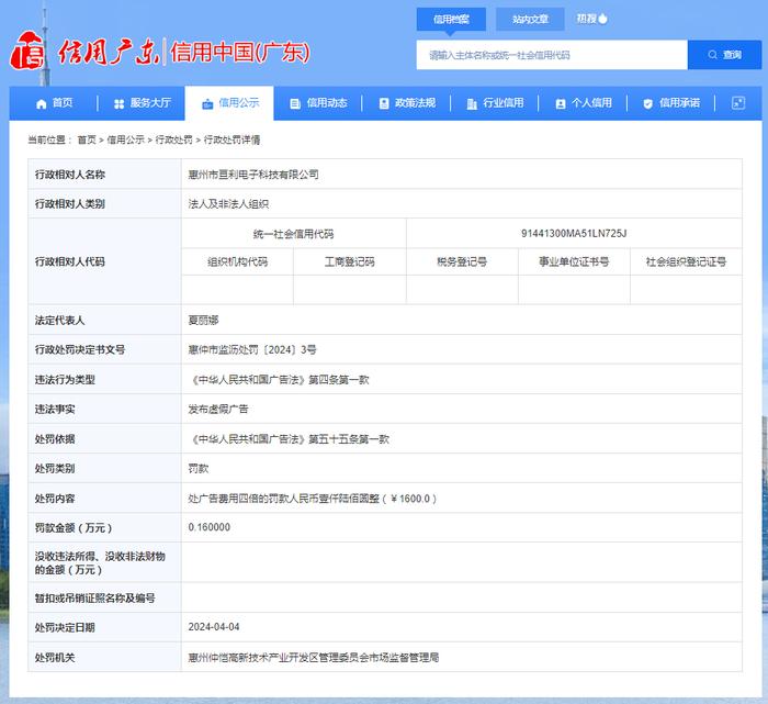 发布虚假广告 惠州市亘利电子科技有限公司被罚