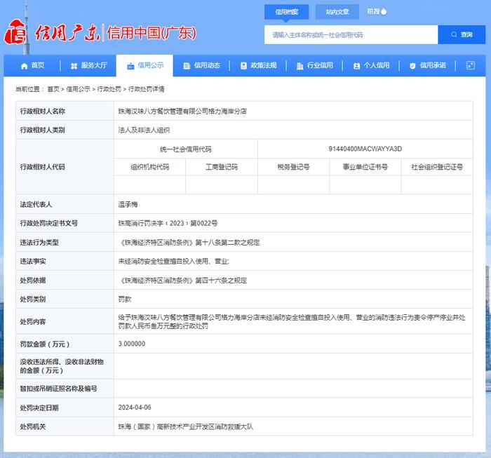 未经消防安全检查擅自投入使用、营业 珠海汉味八方餐饮管理有限公司格力海岸分店被罚