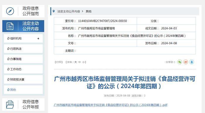 广州市越秀区市场监督管理局关于拟注销《食品经营许可证》的公示（2024年第四期）