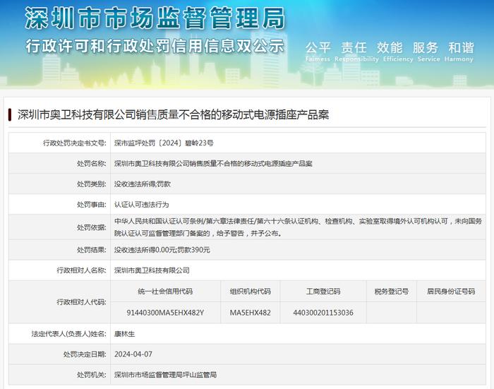 深圳市奥卫科技有限公司销售质量不合格的移动式电源插座产品案